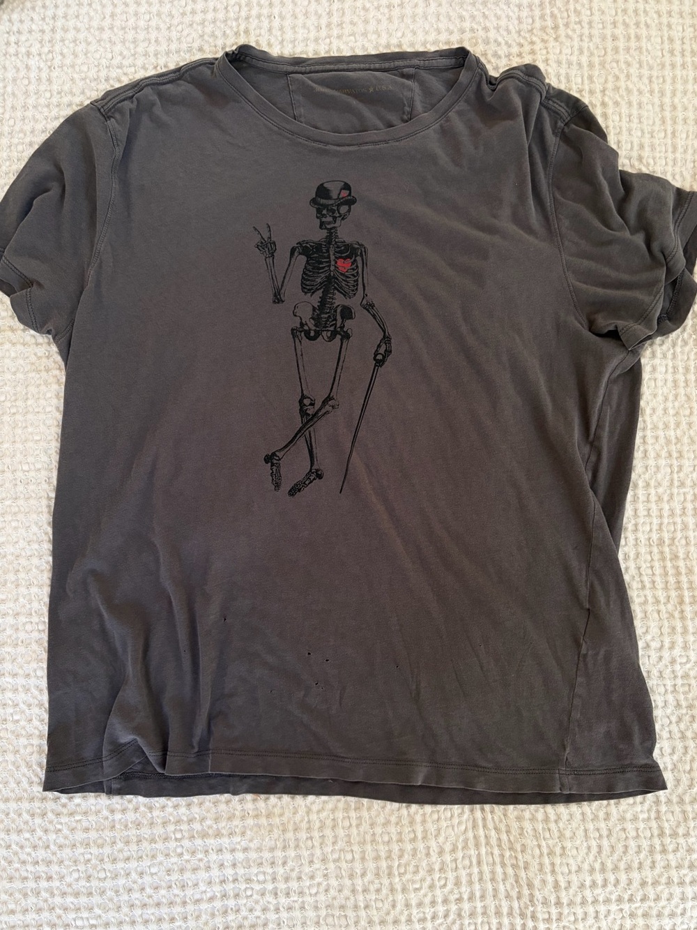 John Varvatos Paper ThinCharcoal Gray Skeleton Graphic Tee with Red Heart Accent - Picture 2 of 9